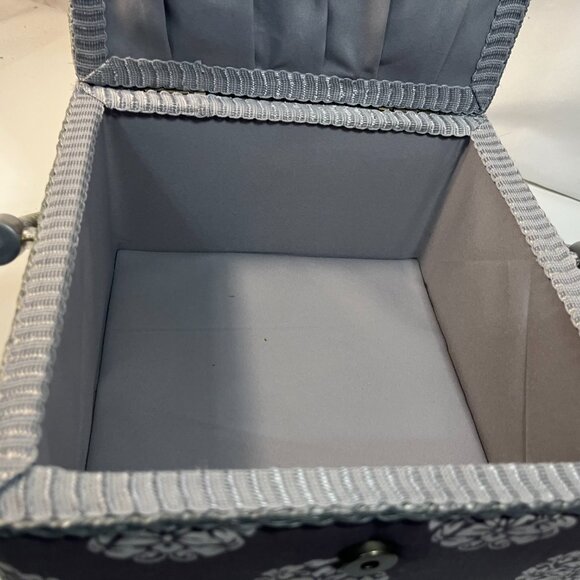 Sewing Box Basket Square Gray Pink Floral Padded Snap Closure Plastic Insert - Picture 5 of 10